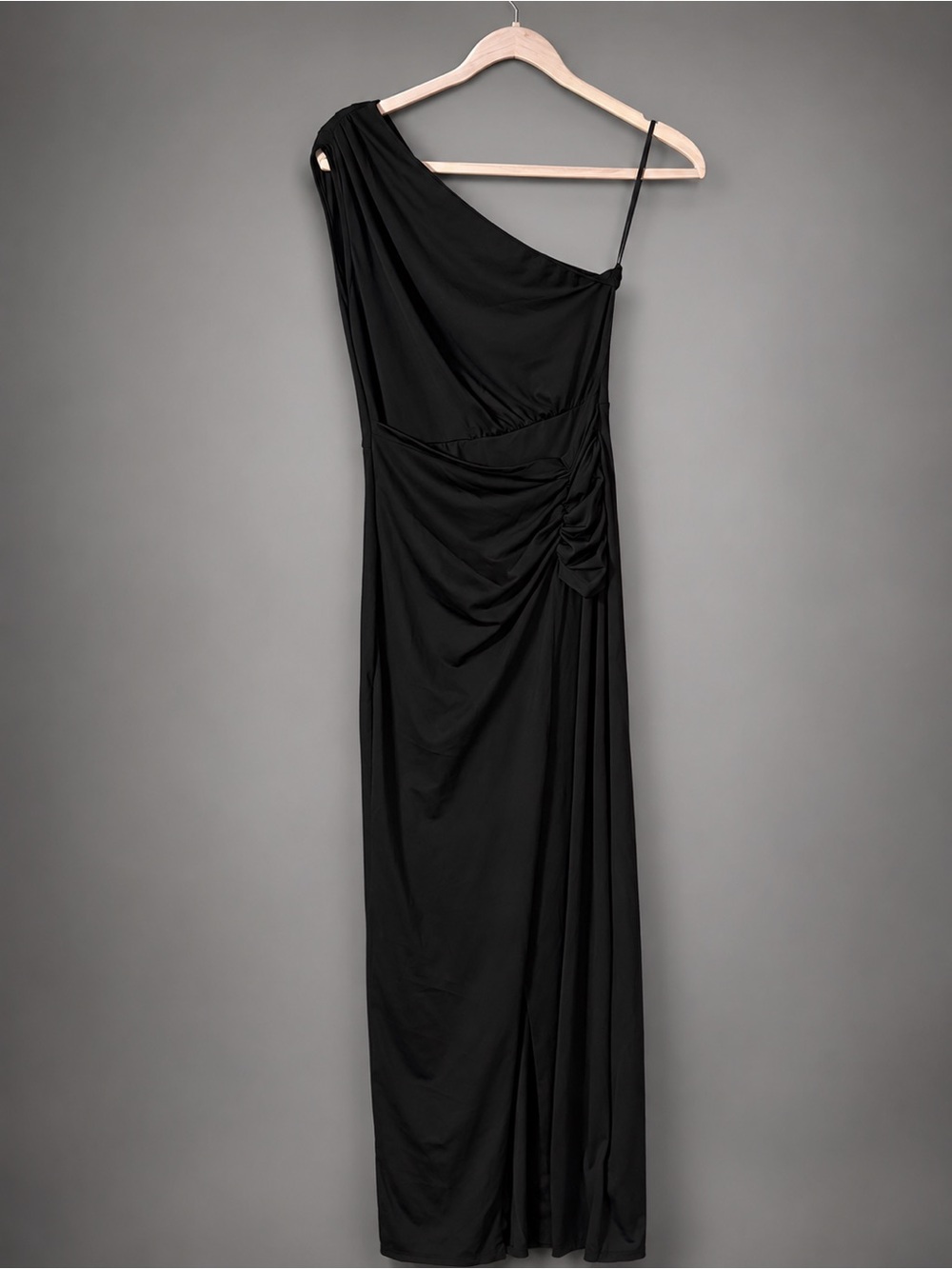 SHEIN Black One-Shoulder Ruched Evening Gown